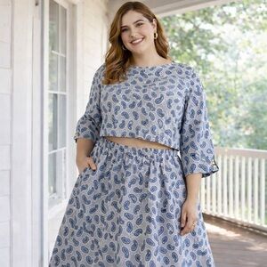 BURU NAVY PAISLEY 2 PIECE SET Skirt & Blouse New With Tags Sixe 1X